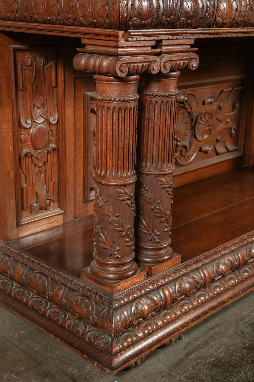 Argentine 1890s Italian Renaissance Heavily Carved Tiger Oak Sideboard with Four Columns