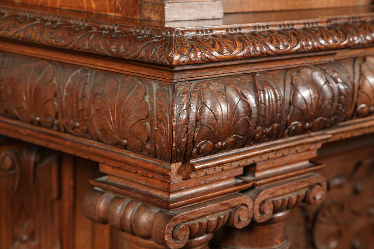 Hand-Carved 1890s Italian Renaissance Heavily Carved Tiger Oak Sideboard with Four Columns