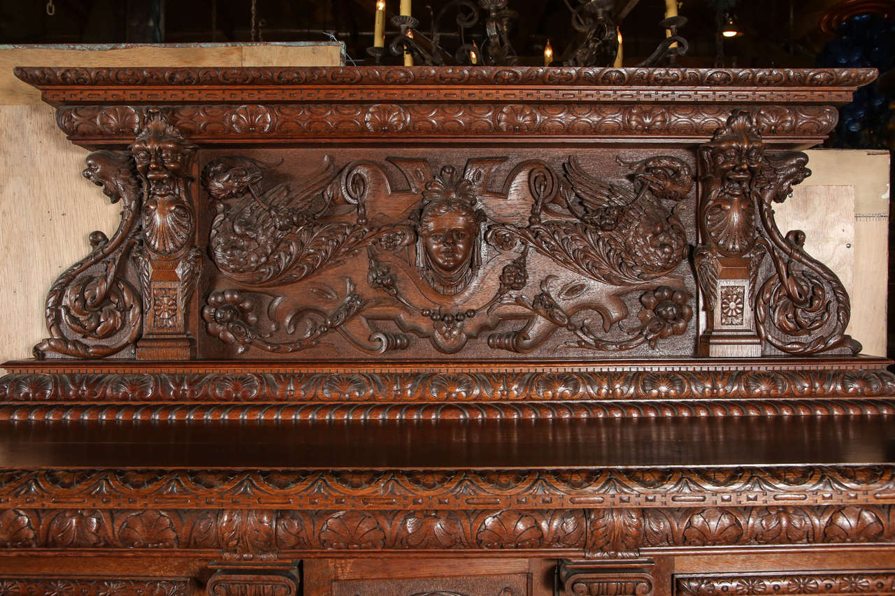 19th Century 1890s Italian Renaissance Heavily Carved Tiger Oak Sideboard with Four Columns
