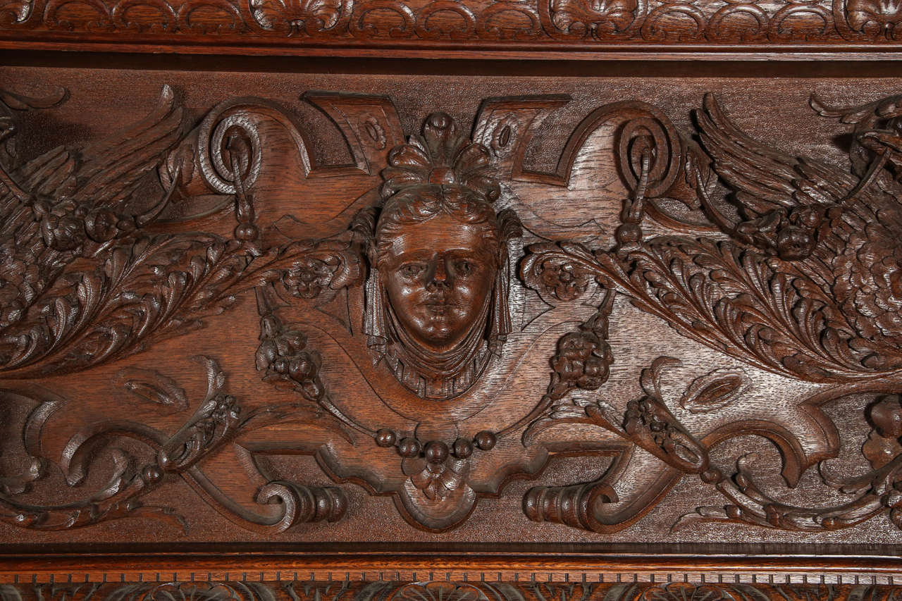 Wood 1890s Italian Renaissance Heavily Carved Tiger Oak Sideboard with Four Columns