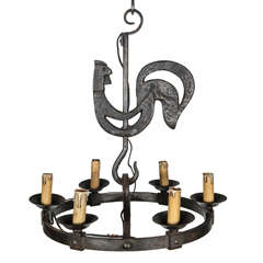 Used French Wrought Iron Kichen Chandelier with Rooster