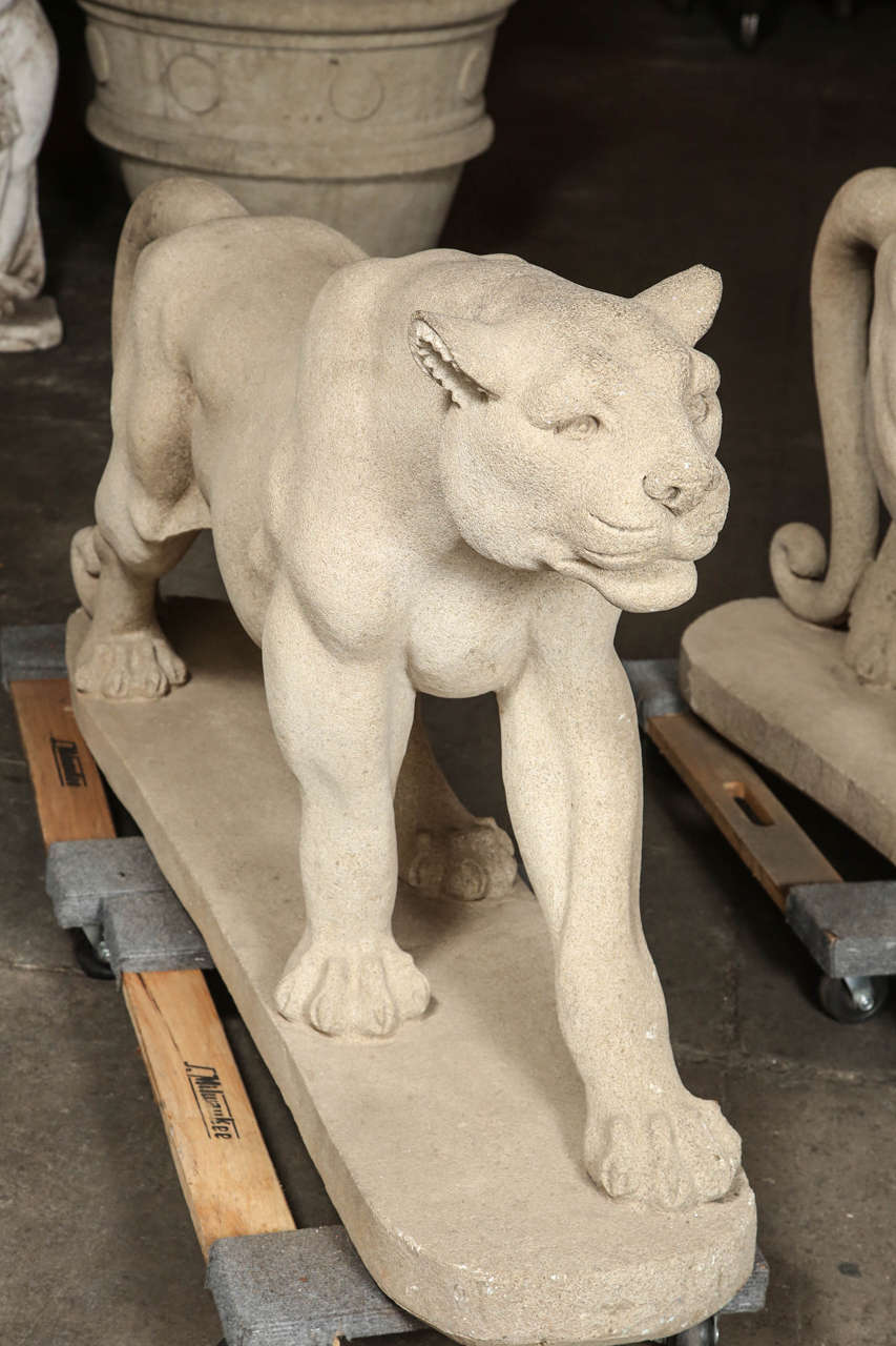 Art Deco Mountain Lion Statues in Carved Limestone at 1stDibs