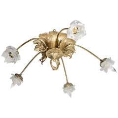 Art Deco Bronze Chandelier with Stylized "Rose" Relief Glass
