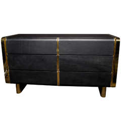 Modern Streamline Chest of Drawers in Brass and Black Leather, Designed by Ello