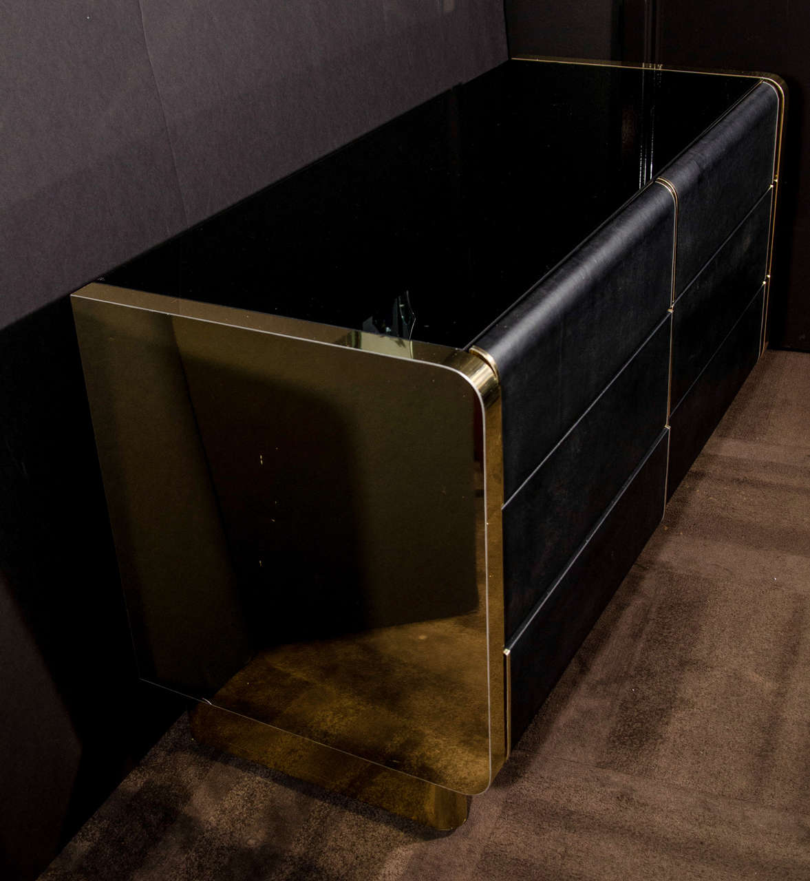 American Modern Streamline Chest of Drawers in Brass and Black Leather, Designed by Ello