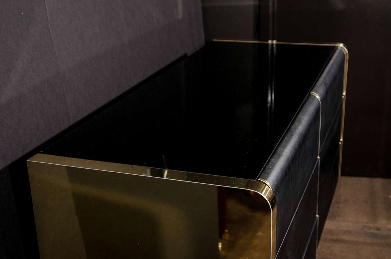 Late 20th Century Modern Streamline Chest of Drawers in Brass and Black Leather, Designed by Ello
