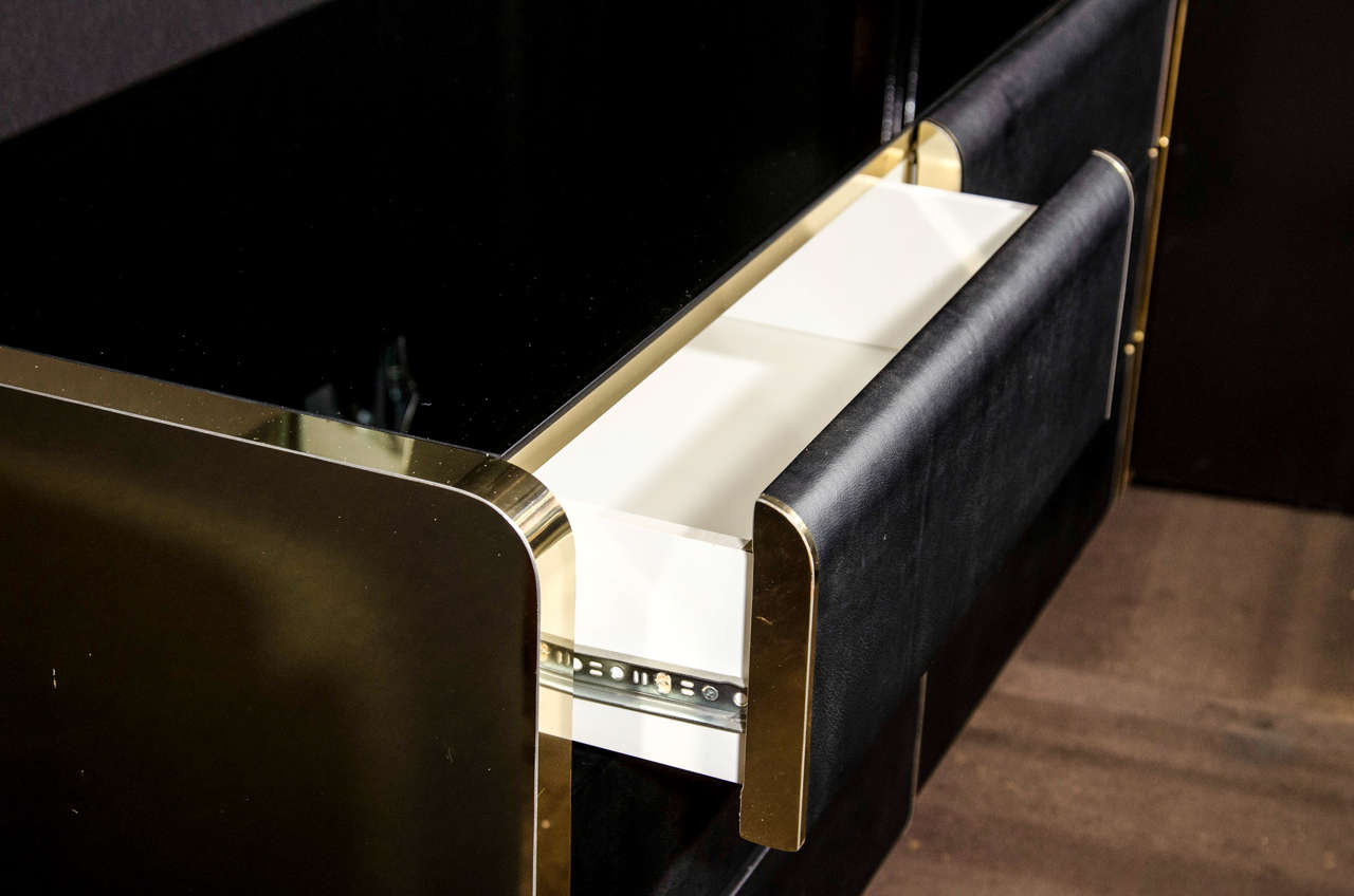 Modern Streamline Chest of Drawers in Brass and Black Leather, Designed by Ello 1