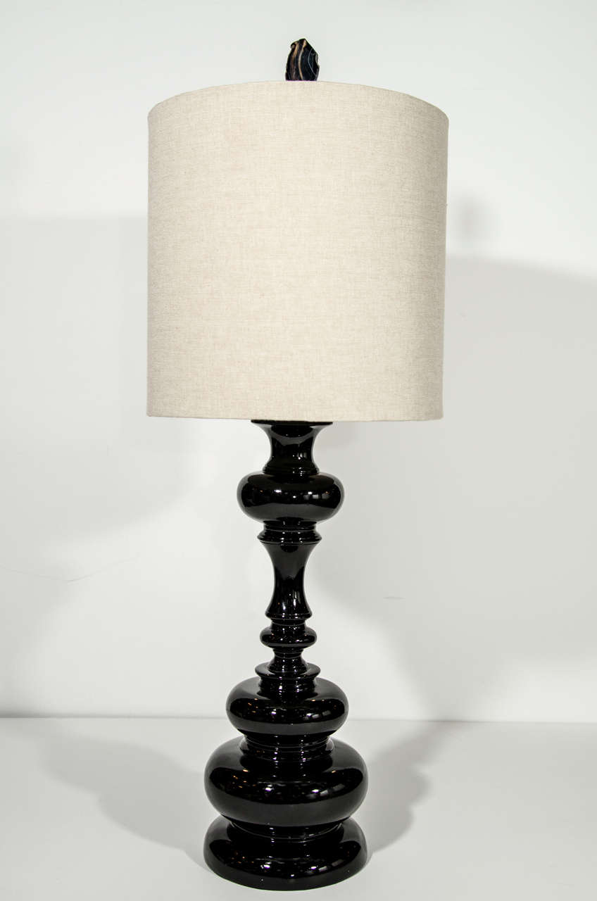 Pair of Arabesque Modernist Lamps with Glossy Ebony Finish & Agate Stone Finials