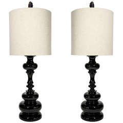 Pair of Arabesque Modernist Lamps with Glossy Ebony Finish & Agate Stone Finials