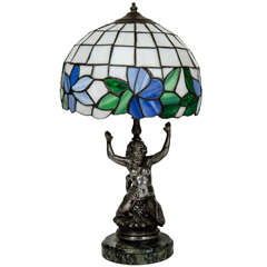 Art Nouveau Lamp with Stylized Siren in Nickeled Bronze with Exotic Marble Base