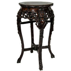 Antique Chinese Hardwood Pedestal Side Table with Marble Inset Top