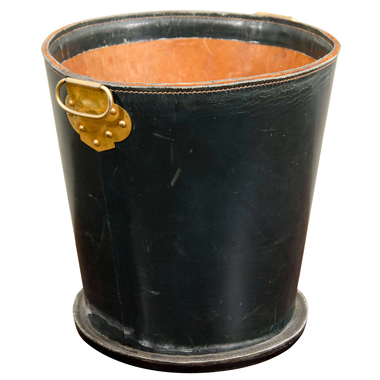 French Leather Waste Paper Basket With Brass Handle