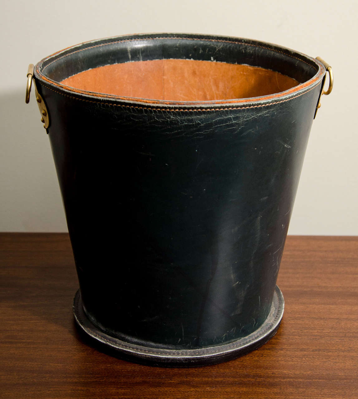 Mid-20th Century French Leather Waste Paper Basket With Brass Handle