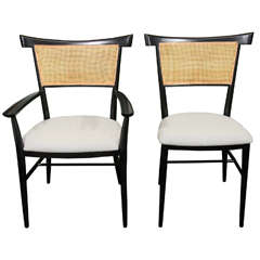 Set of 6 black lacquer and cane Paul McCobb dining chairs.