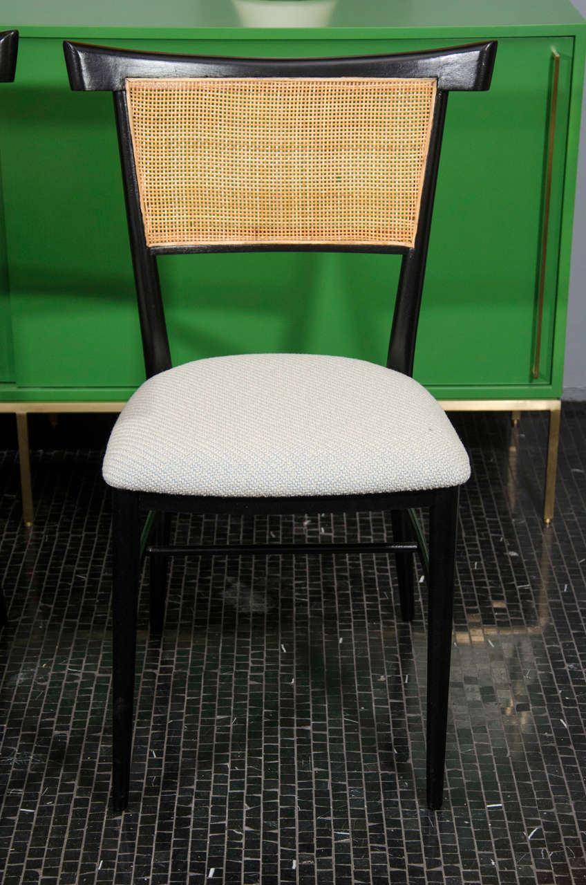 American Set of 6 black lacquer and cane Paul McCobb dining chairs.