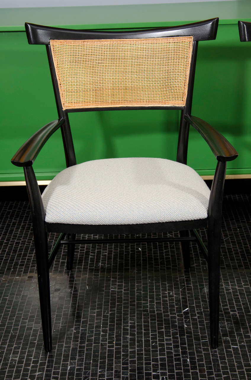 Set of 6 black lacquer and cane Paul McCobb dining chairs. In Good Condition In New York, NY