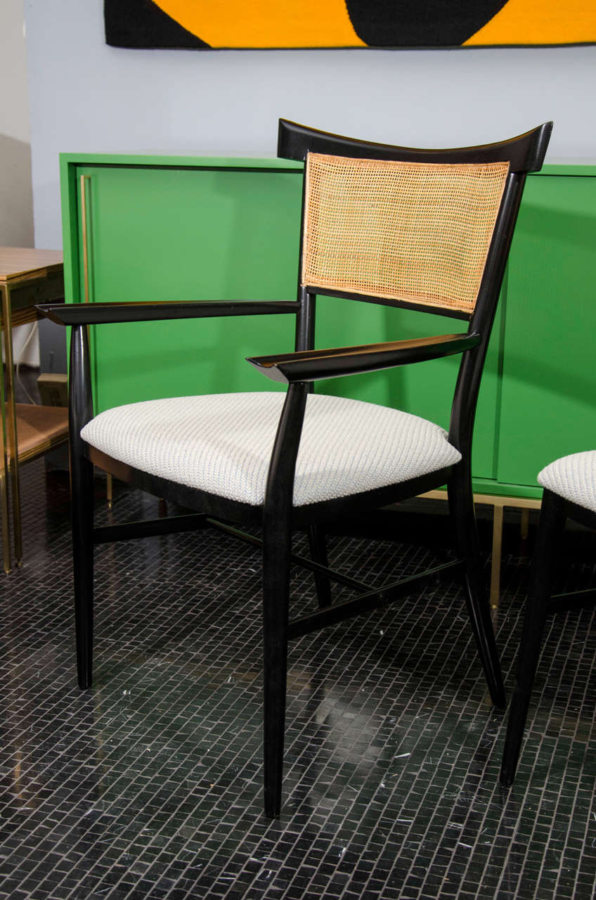 Set of 6 black lacquer and cane Paul McCobb dining chairs. 1