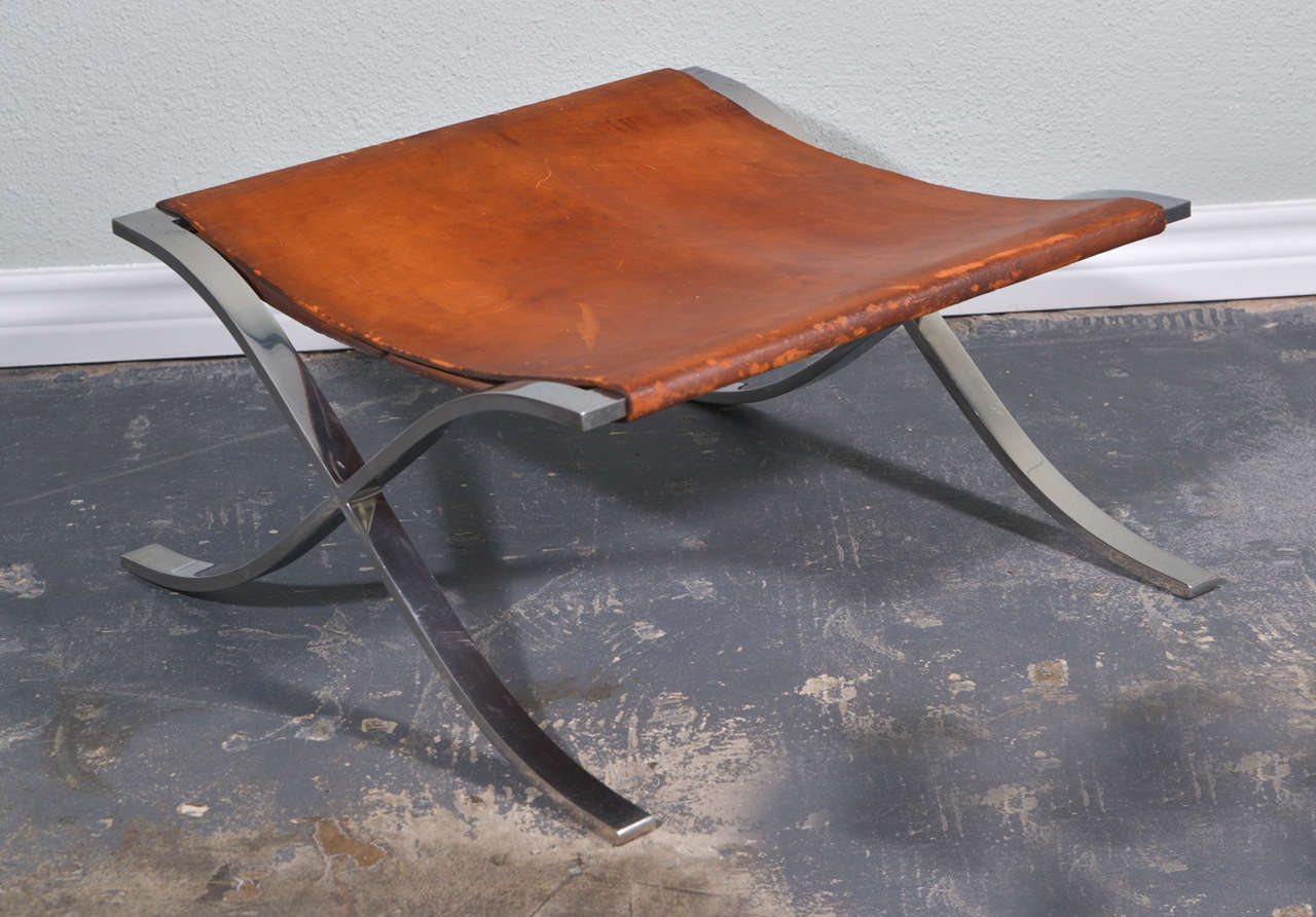 Barcelona stool by Ludwig Mies van der Rohe for Knoll.

Germany/USA, circa 1929. 
Manufactured by Knoll International.

Warm patina to leather. Knoll International.
