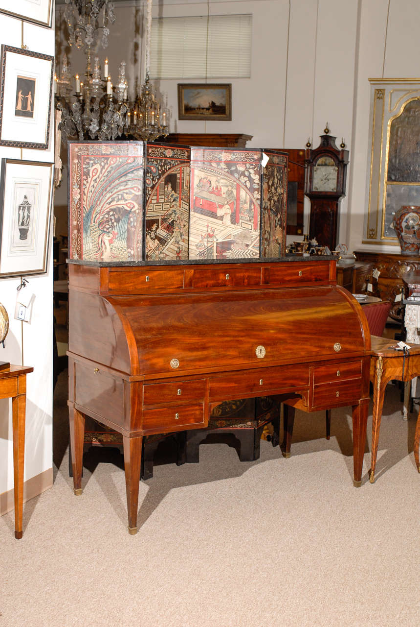 Louis XVI Style Cylindrical Bureau with slides, leather writing surface, fitted interior and marble top. 