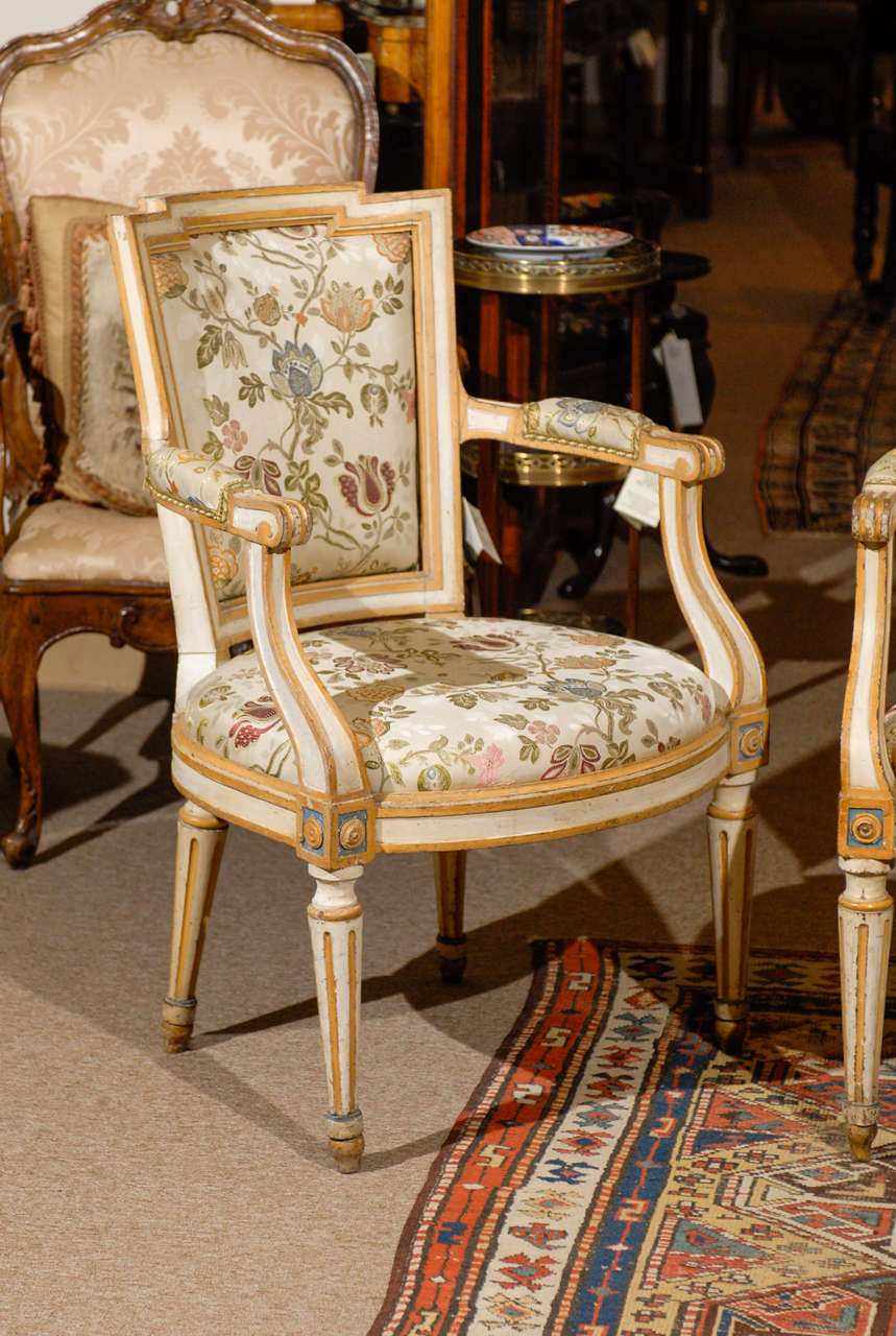 Hand-Painted Fine Pair of 18th Century French Louis XVI Painted Fauteuils For Sale