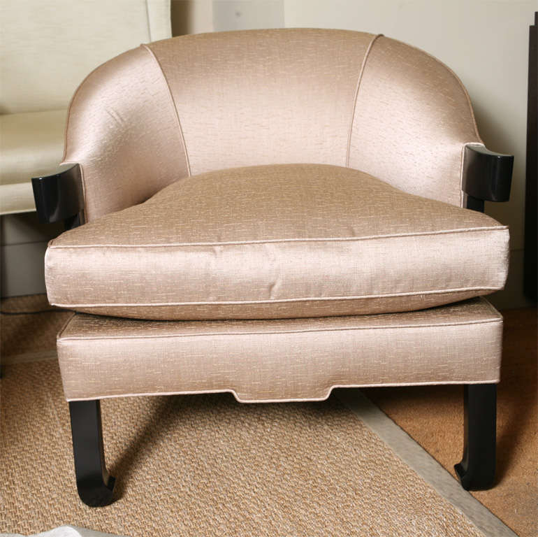 Dark lacquered Asian-inspired armchair, upholstered in taupe silk