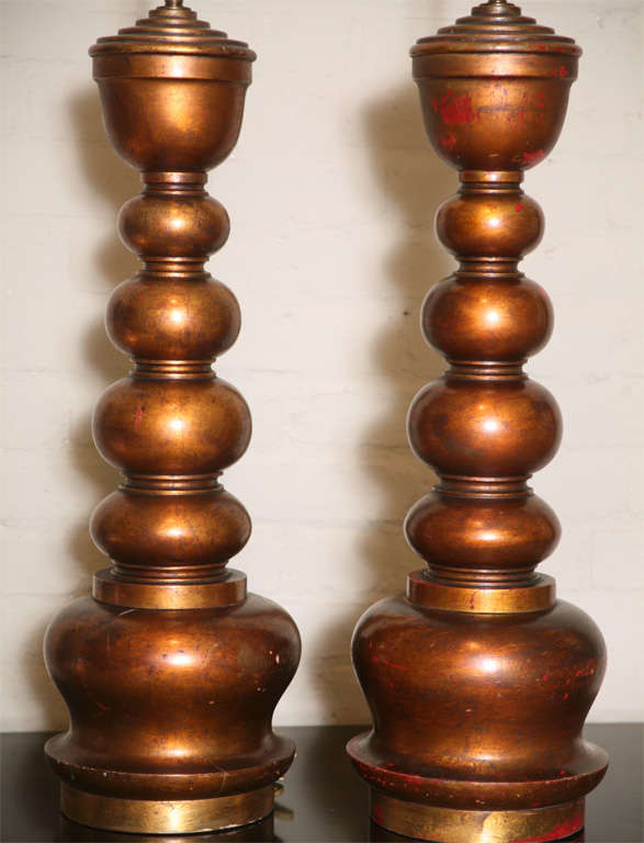 Pair of copper leaf lamps by James Mont with original string shades, circa 1950.