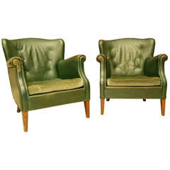 Pair of Green Leather Club Chairs