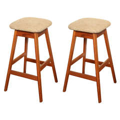 Vintage Pair of Danish Teak and Burlap Stools