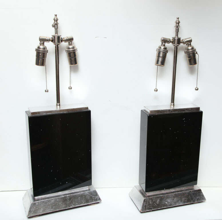Art Deco Pair of Deco Style Black Obsidian Marble Lamps on Slivered Wood Bases For Sale