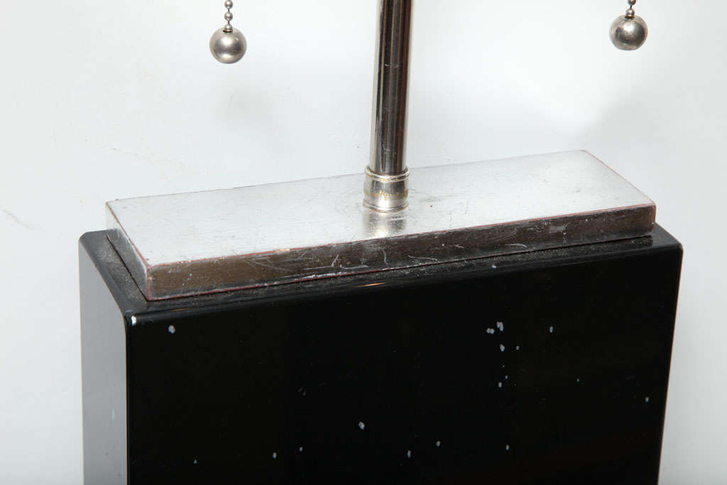 Pair of Deco Style Black Obsidian Marble Lamps on Slivered Wood Bases In Excellent Condition For Sale In New York, NY