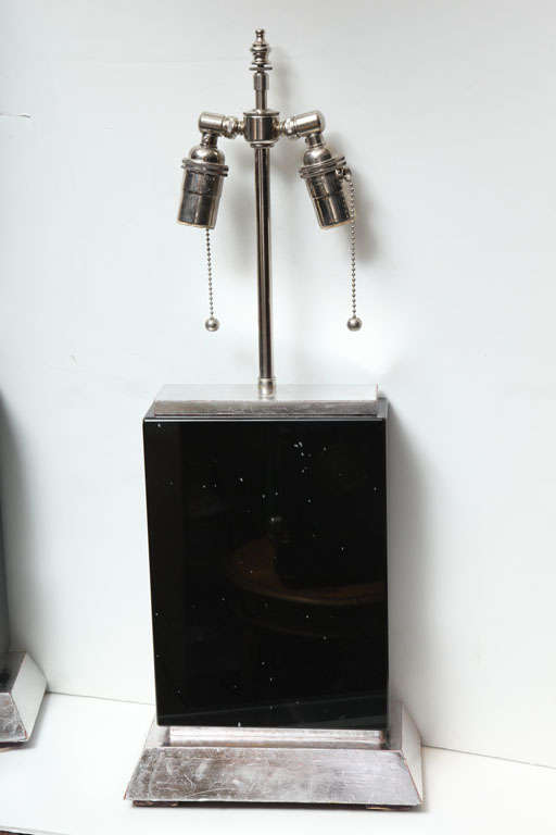 Pair of Deco Style Black Obsidian Marble Lamps on Slivered Wood Bases For Sale 2
