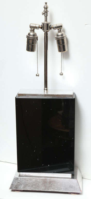 Pair Deco Style Black Obsidian Marble Lamps on Slivered Wood Bases For Sale 1