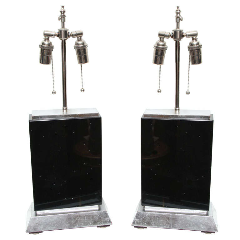 Pair of Deco Style Black Obsidian Marble Lamps on Slivered Wood Bases For Sale