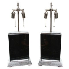 Vintage Pair of Deco Style Black Obsidian Marble Lamps on Slivered Wood Bases