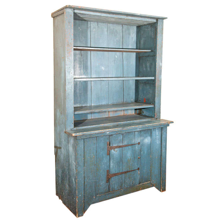 New England Step Back Cupboard in Blue For Sale