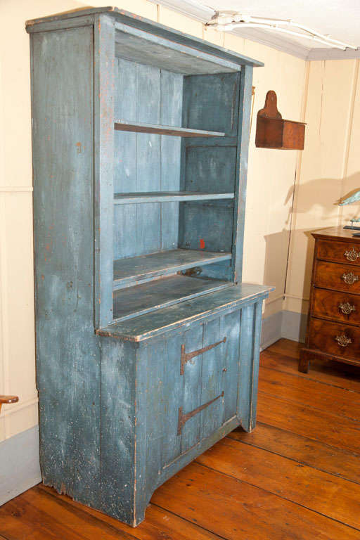 19th Century New England Step Back Cupboard in Blue For Sale