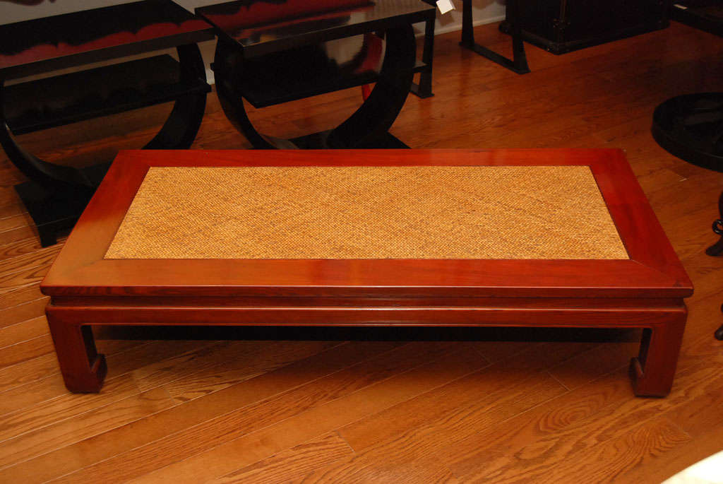 Japanese Keyaki wood table with woven bamboo top.