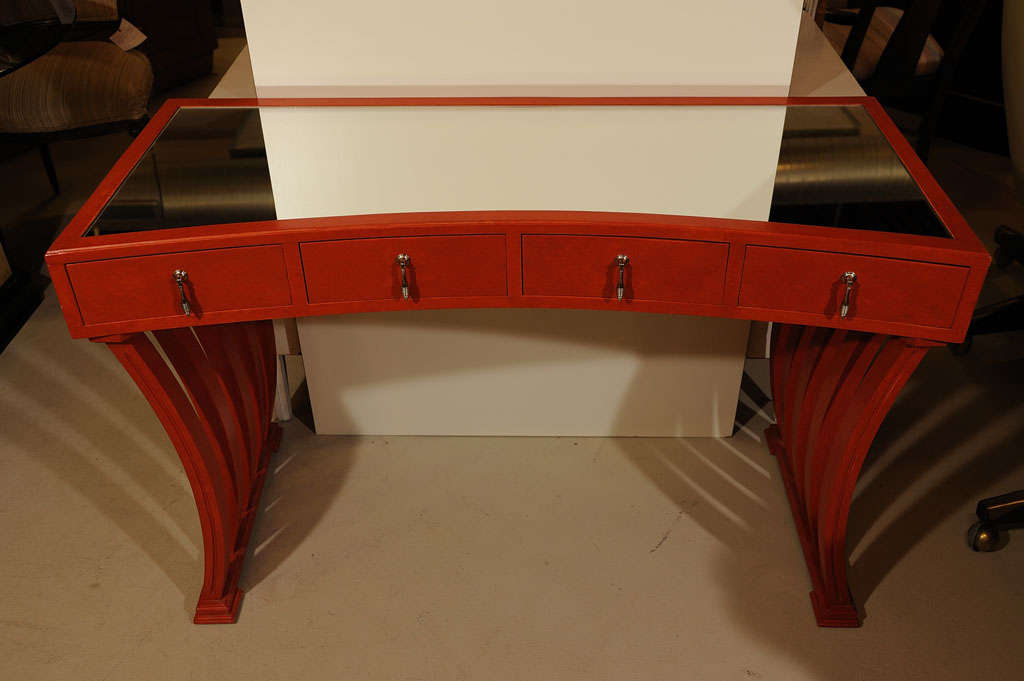 Glass Mirror top console table in coral colour