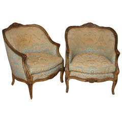 Pair antique French Louis XV style painted blue bergeres