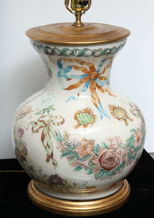 Pair of large reverse decoupage on glass vase form lamps with giltwood bases.
Stock number: L9.