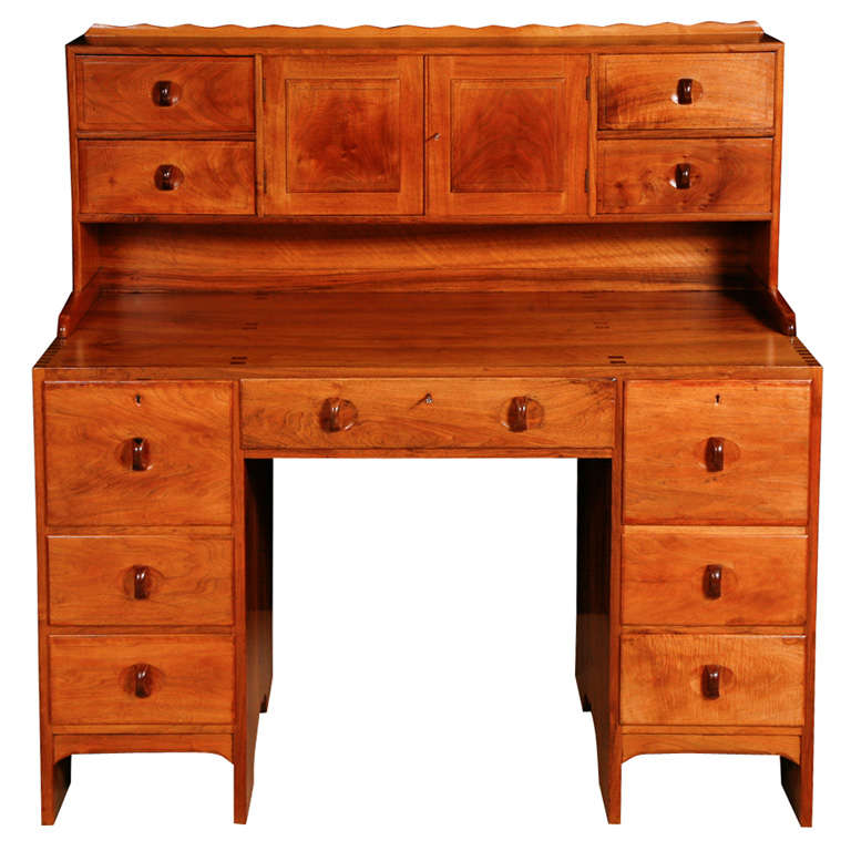 Peter Waals attributed Arts and Crafts walnut knee hole desk, England circa 1920 For Sale