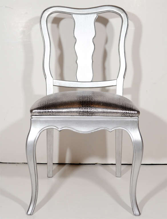 Antique Silver Leaf and Embossed Metallic Croc Vanity or Desk Chair at