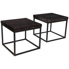 Pair of Petrified Wood and Iron Side Tables from Java, Indonesia