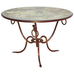 Iconic Round Gilt Iron Table with Mirrored Top by Rene Drouet, France circa 1940