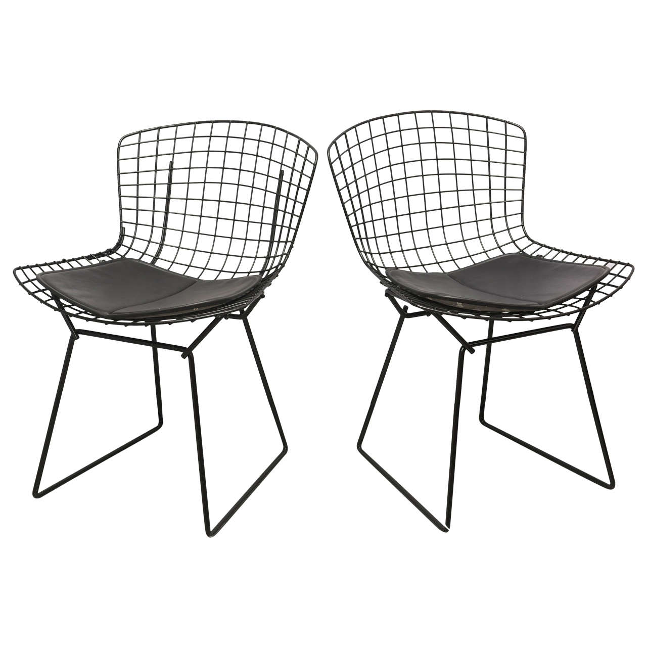 Bertoia Wire Chairs with Black Leather Knoll Cushions, 1960s, USA
