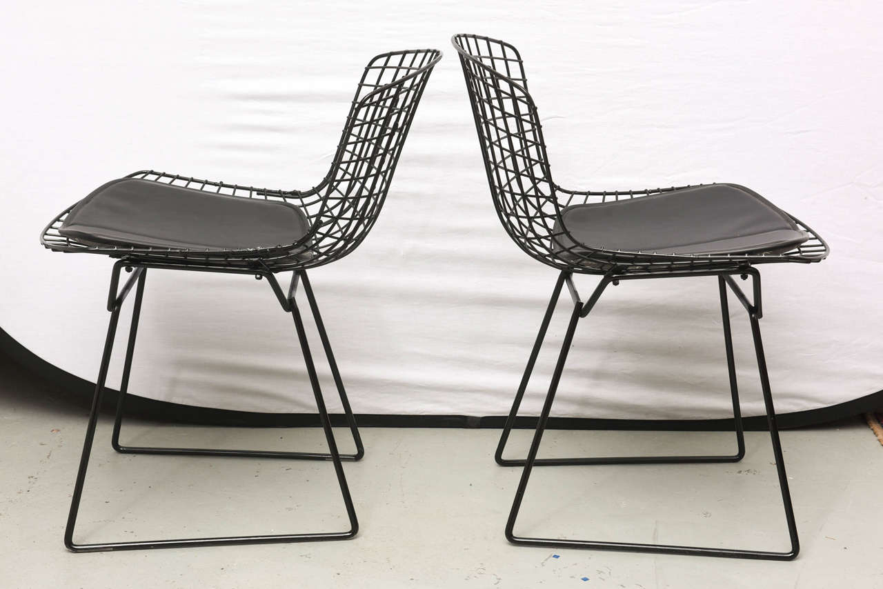Bertoia Wire Chairs with Black Leather Knoll Cushions, 1960s, USA at