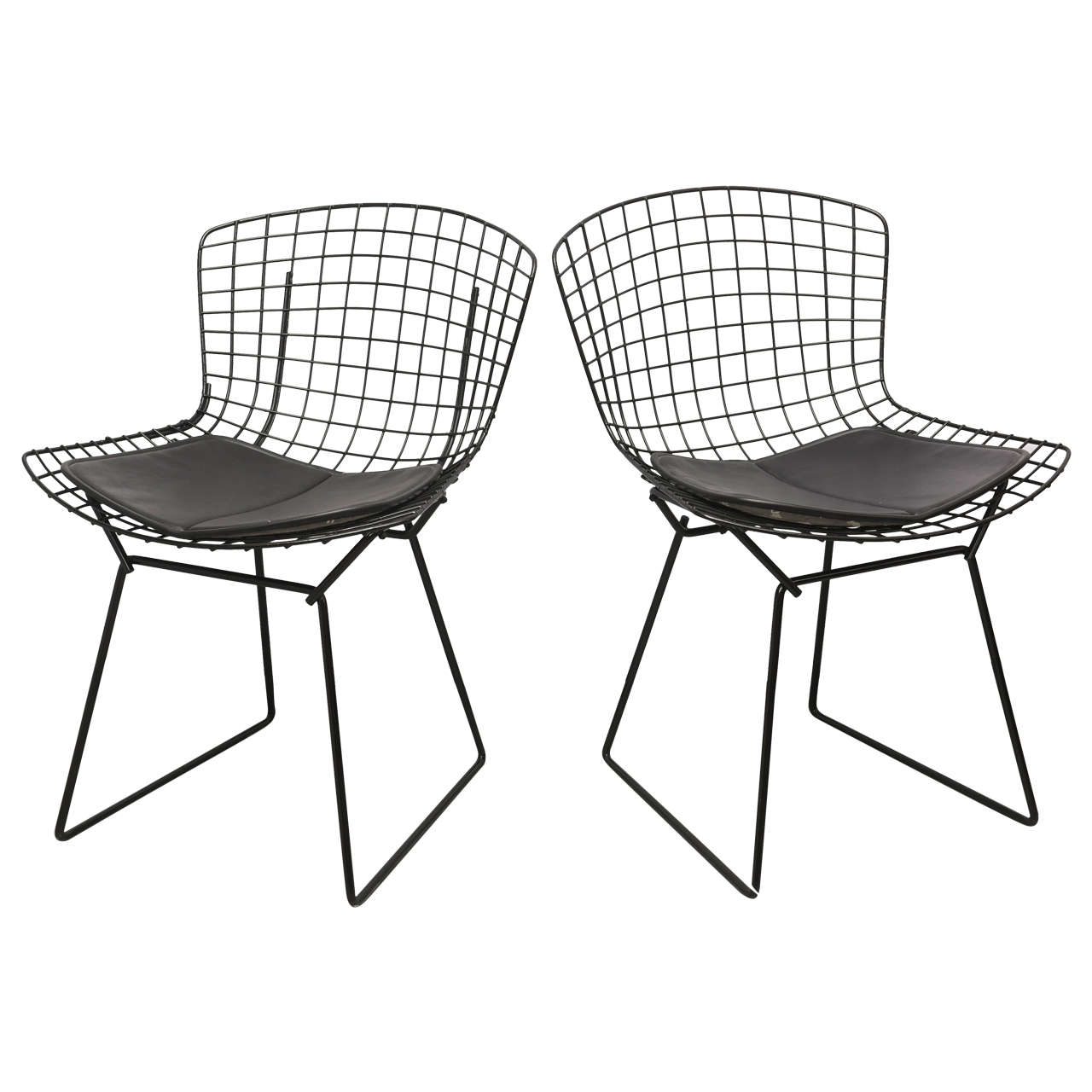 Bertoia Wire Chairs with Black Leather Knoll Cushions, 1960s, USA at