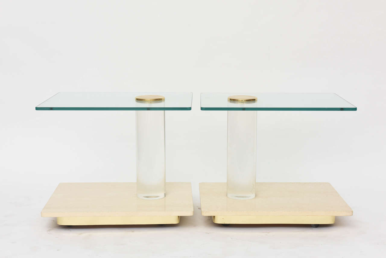 Pair of American Modern Travertine Marble, Lucite and Glass Tables Lion in Frost For Sale 1