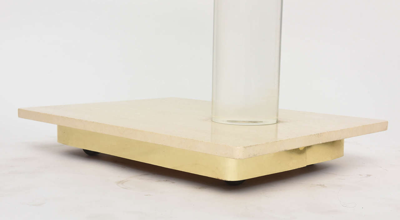 Pair of American Modern Travertine Marble, Lucite and Glass Tables Lion in Frost For Sale 4