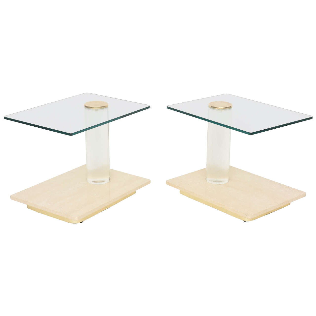 Pair of American Modern Travertine Marble, Lucite and Glass Tables Lion in Frost For Sale